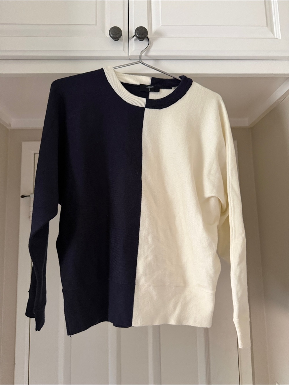 Tahari Two-Tone Split Crewneck Sweater - Navy & Cream